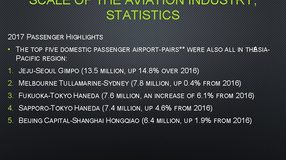 SCALE OF THE AVIATION INDUSTRY; STATISTICS 2017 PASSENGER HIGHLIGHTS • THE TOP FIVE DOMESTIC