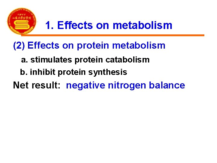 1. Effects on metabolism (2) Effects on protein metabolism a. stimulates protein catabolism b.