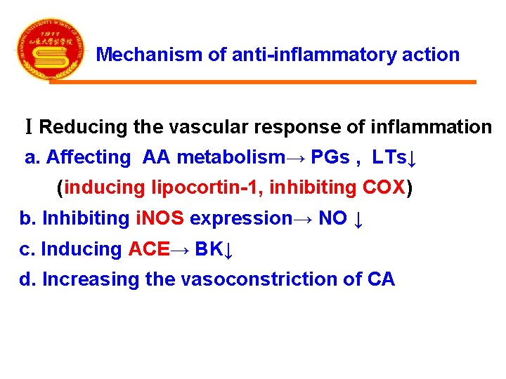 Mechanism of anti-inflammatory action ⅠReducing the vascular response of inflammation a. Affecting AA metabolism→