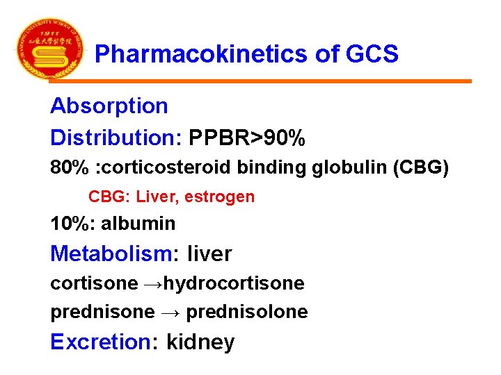 Pharmacokinetics of GCS Absorption Distribution: PPBR>90% 80% : corticosteroid binding globulin (CBG) CBG: Liver,