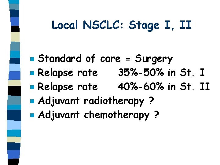 Local NSCLC: Stage I, II n n n Standard of care = Surgery Relapse