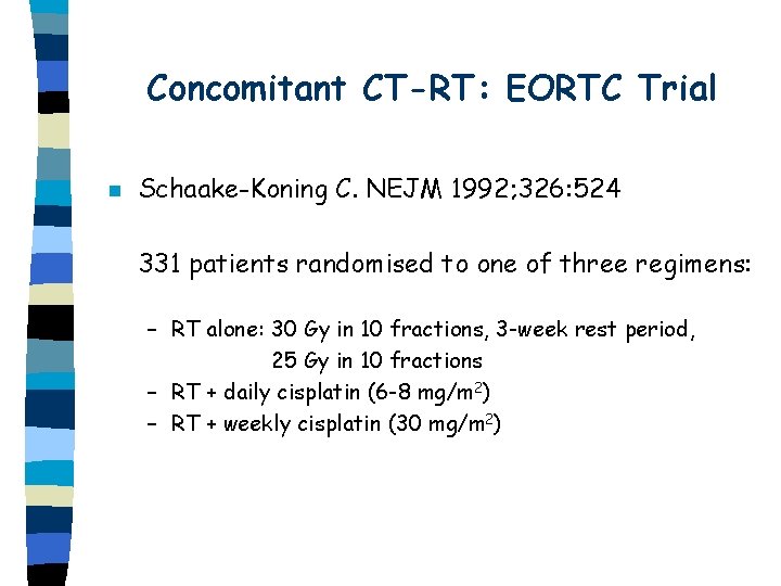 Concomitant CT-RT: EORTC Trial n Schaake-Koning C. NEJM 1992; 326: 524 331 patients randomised