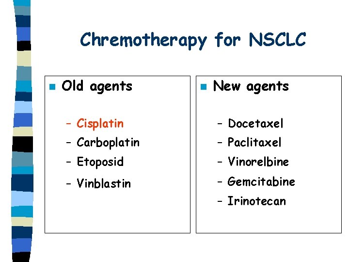 Chremotherapy for NSCLC n Old agents n New agents – Cisplatin – Docetaxel –