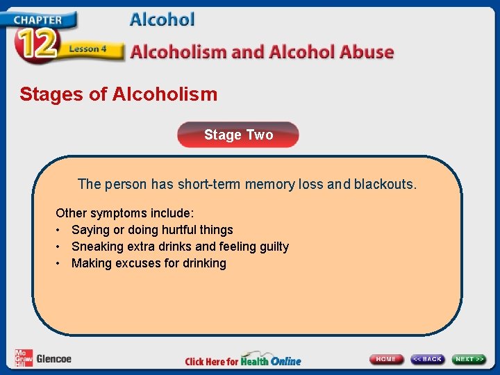 Stages of Alcoholism Stage Two The person has short-term memory loss and blackouts. Other Stages of Alcoholism Stage Two The person has short-term memory loss and blackouts. Other