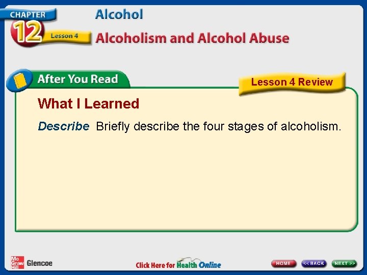 Lesson 4 Review What I Learned Describe Briefly describe the four stages of alcoholism. Lesson 4 Review What I Learned Describe Briefly describe the four stages of alcoholism.