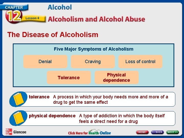 The Disease of Alcoholism Five Major Symptoms of Alcoholism Denial Craving Tolerance Loss of The Disease of Alcoholism Five Major Symptoms of Alcoholism Denial Craving Tolerance Loss of