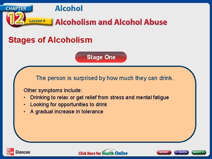 Stages of Alcoholism Stage One The person is surprised by how much they can Stages of Alcoholism Stage One The person is surprised by how much they can