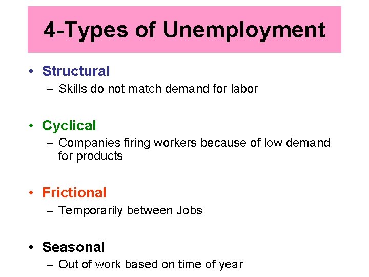 4 -Types of Unemployment • Structural – Skills do not match demand for labor 4 -Types of Unemployment • Structural – Skills do not match demand for labor