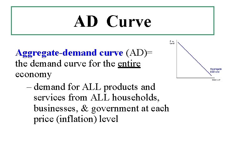 AD Curve Aggregate-demand curve (AD)= the demand curve for the entire economy – demand AD Curve Aggregate-demand curve (AD)= the demand curve for the entire economy – demand