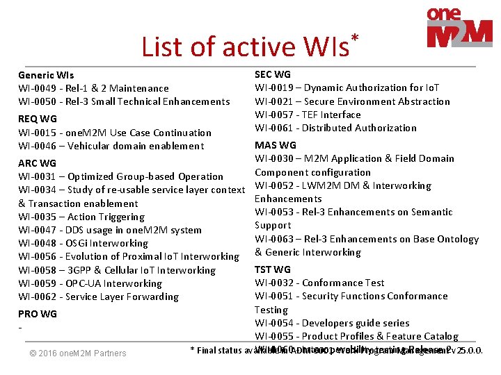 List of active Generic WIs WI-0049 - Rel-1 & 2 Maintenance WI-0050 - Rel-3