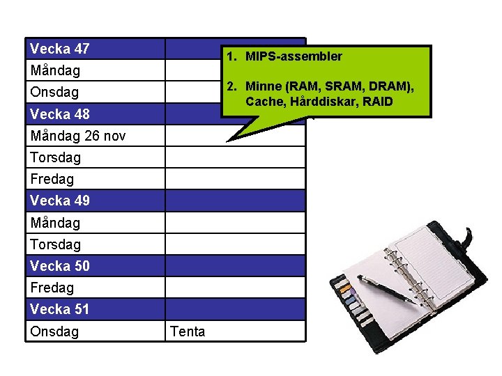 Vecka 47 1. MIPS-assembler Måndag 2. Minne (RAM, SRAM, DRAM), I dag RAID Cache,