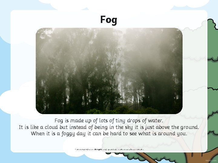 Fog is made up of lots of tiny drops of water. It is like