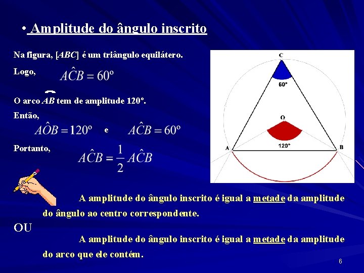  • Amplitude do ângulo inscrito Na figura, [ABC] é um triângulo equilátero. Logo,