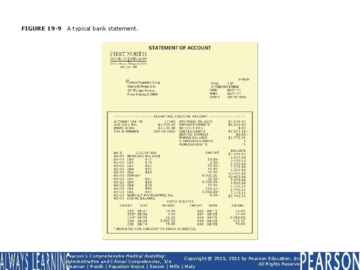 FIGURE 19 -9 A typical bank statement. Pearson's Comprehensive Medical Assisting: Copyright © 2015,