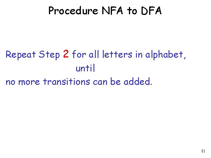 Procedure NFA to DFA Repeat Step 2 for all letters in alphabet, until no
