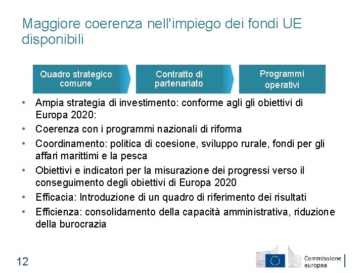 Maggiore coerenza nell'impiego dei fondi UE disponibili Quadro strategico comune Contratto di partenariato Programmi