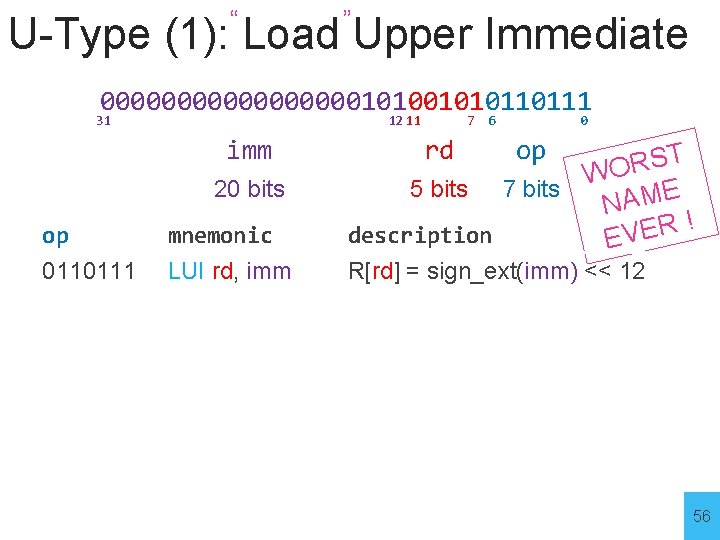 “ ” U-Type (1): Load Upper Immediate 0000000001010110111 31 12 11 imm 7 6