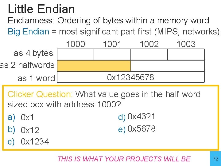 Little Endianness: Ordering of bytes within a memory word Big Endian = most significant