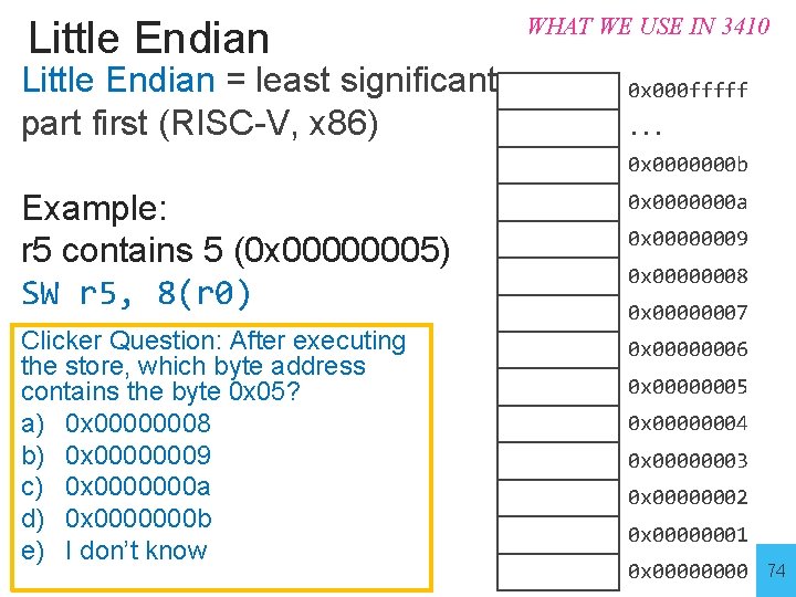 Little Endian = least significant part first (RISC-V, x 86) WHAT WE USE IN