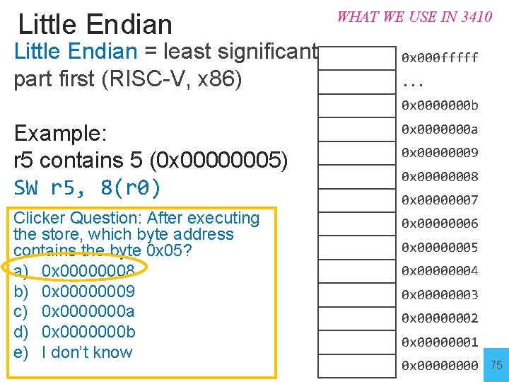 Little Endian = least significant part first (RISC-V, x 86) WHAT WE USE IN