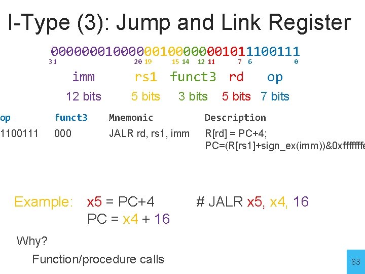 I-Type (3): Jump and Link Register 0000000100000001011100111 31 20 19 imm 12 bits 15