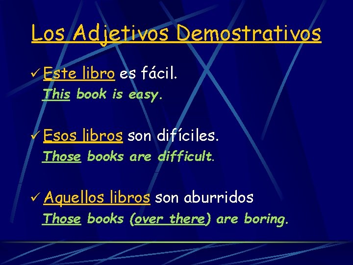 Los Adjetivos Demostrativos ü Este libro es fácil. This book is easy. ü Esos