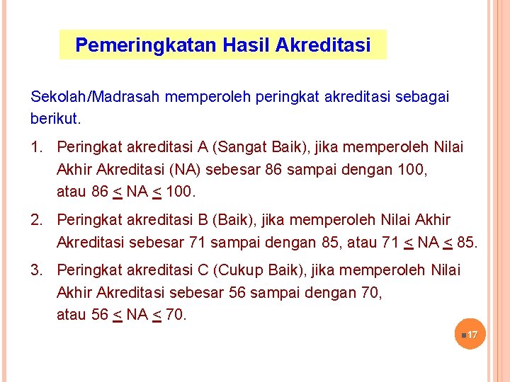 Pemeringkatan Hasil Akreditasi Sekolah/Madrasah memperoleh peringkat akreditasi sebagai berikut. 1. Peringkat akreditasi A (Sangat