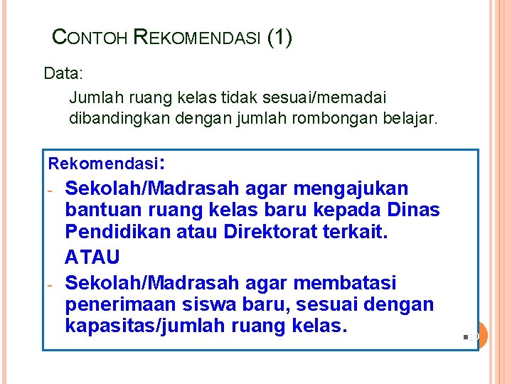 CONTOH REKOMENDASI (1) Data: Jumlah ruang kelas tidak sesuai/memadai dibandingkan dengan jumlah rombongan belajar.