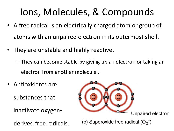 Ions, Molecules, & Compounds • A free radical is an electrically charged atom or