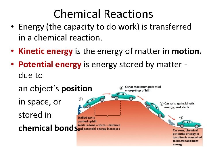 Chemical Reactions • Energy (the capacity to do work) is transferred in a chemical