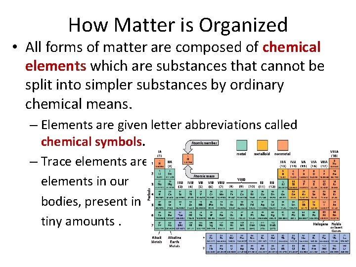 How Matter is Organized • All forms of matter are composed of chemical elements