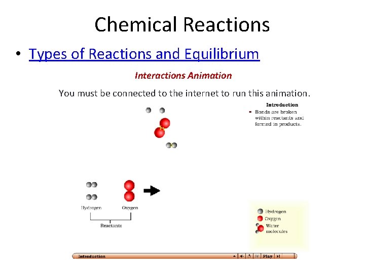 Chemical Reactions • Types of Reactions and Equilibrium Interactions Animation You must be connected
