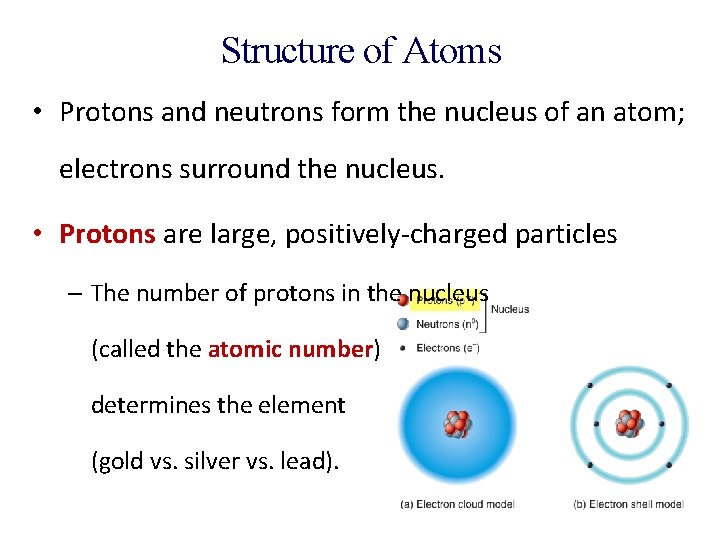 Structure of Atoms • Protons and neutrons form the nucleus of an atom; electrons