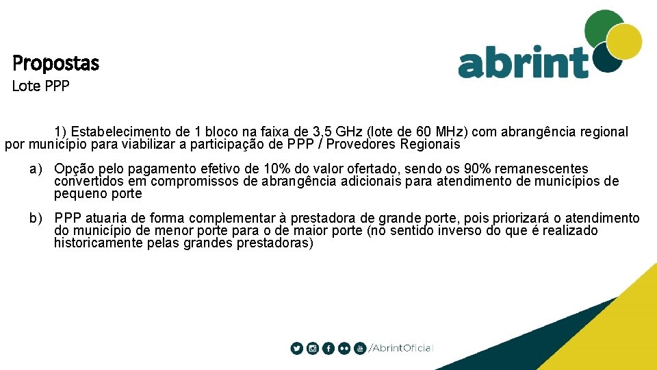 Propostas Lote PPP 1) Estabelecimento de 1 bloco na faixa de 3, 5 GHz