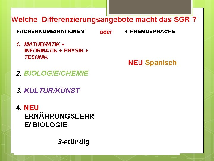 Welche Differenzierungsangebote macht das SGR ? FÄCHERKOMBINATIONEN 1. MATHEMATIK + INFORMATIK + PHYSIK +