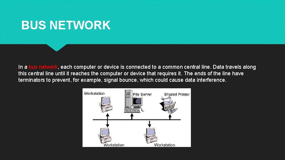 BUS NETWORK In a bus network, each computer or device is connected to a