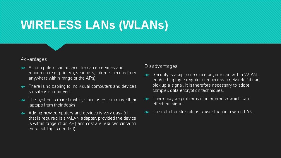 WIRELESS LANs (WLANs) Advantages All computers can access the same services and resources (e.