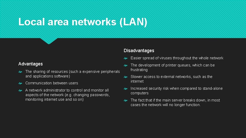 Local area networks (LAN) Disadvantages Easier spread of viruses throughout the whole network Advantages