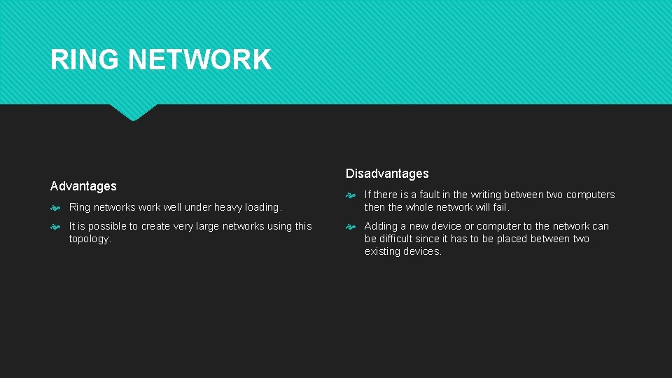 RING NETWORK Advantages Ring networks work well under heavy loading. It is possible to