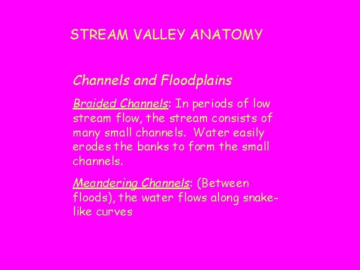 STREAM VALLEY ANATOMY Channels and Floodplains Braided Channels: In periods of low stream flow,
