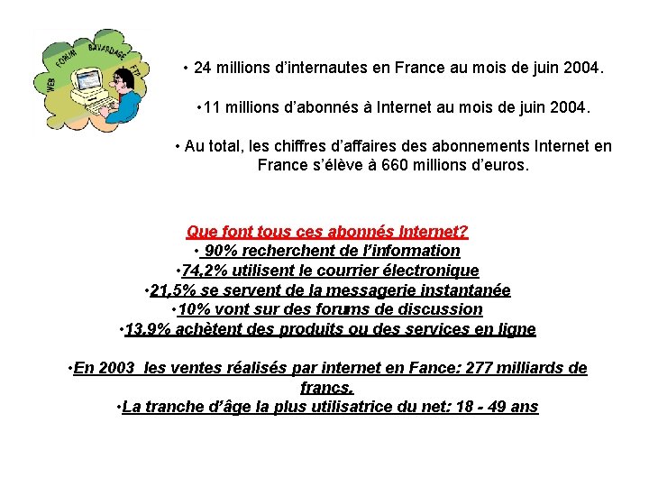  • 24 millions d’internautes en France au mois de juin 2004. • 11