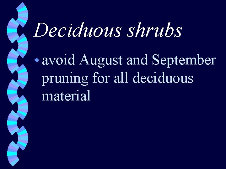 Deciduous shrubs w avoid August and September pruning for all deciduous material 