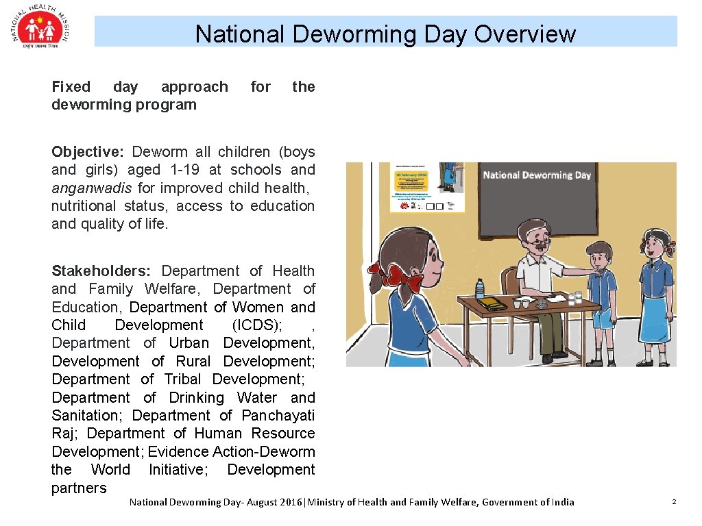 National Deworming Day Overview Fixed day approach deworming program for the Objective: Deworm all