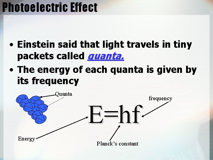 Photoelectric Effect • Einstein said that light travels in tiny packets called quanta. •