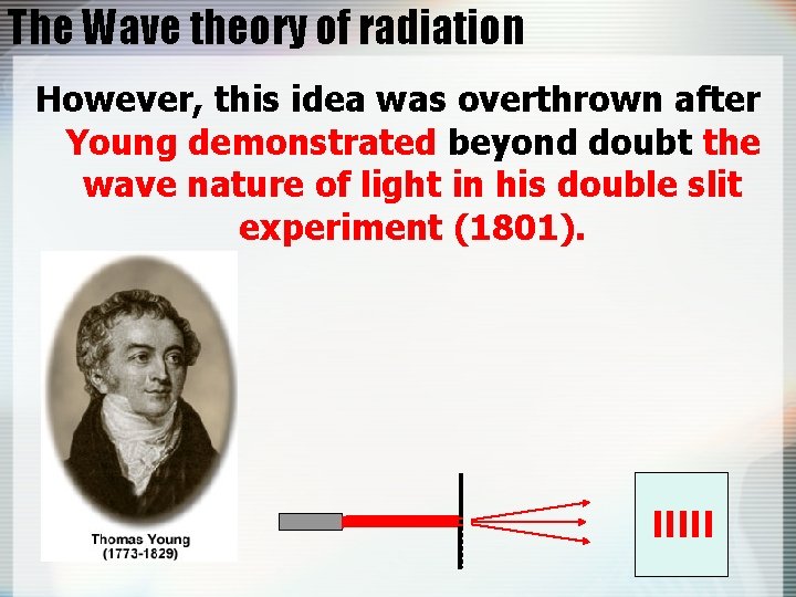 The Wave theory of radiation However, this idea was overthrown after Young demonstrated beyond