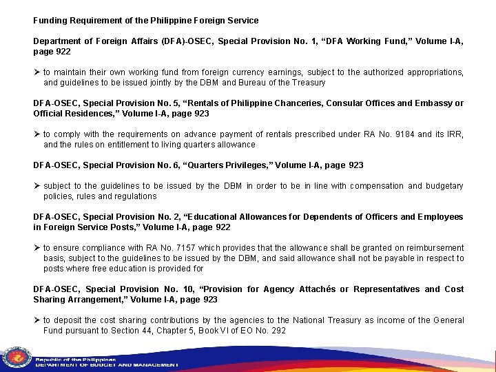 Funding Requirement of the Philippine Foreign Service Department of Foreign Affairs (DFA)-OSEC, Special Provision