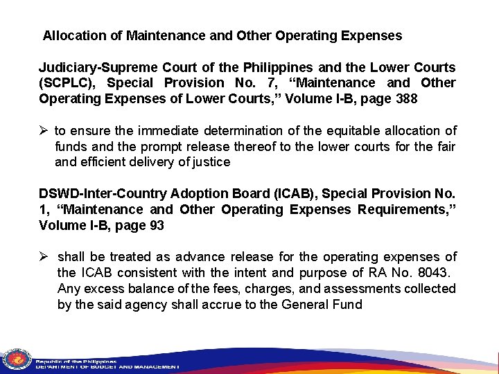Allocation of Maintenance and Other Operating Expenses Judiciary-Supreme Court of the Philippines and the