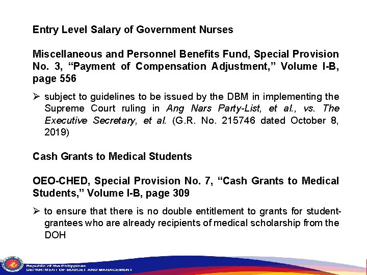 Entry Level Salary of Government Nurses Miscellaneous and Personnel Benefits Fund, Special Provision No.