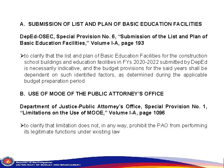 A. SUBMISSION OF LIST AND PLAN OF BASIC EDUCATION FACILITIES Dep. Ed-OSEC, Special Provision