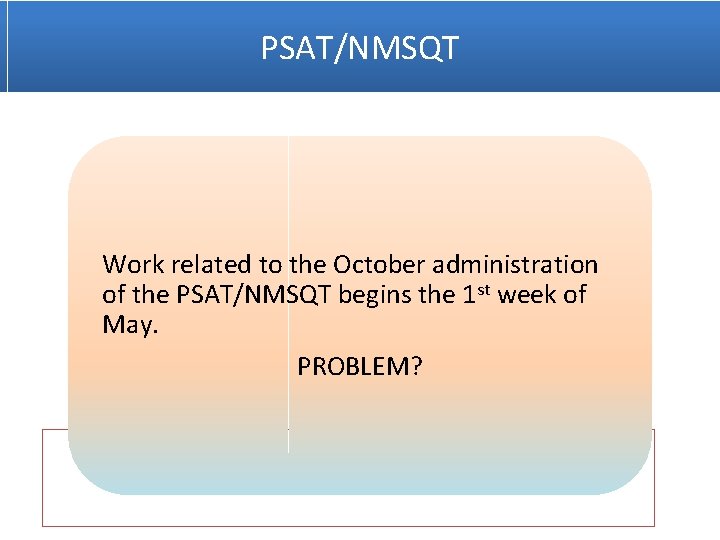 PSAT/NMSQT Work related to the October administration of the PSAT/NMSQT begins the 1 st